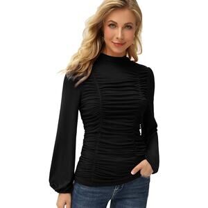 Womens Long Lantern Sleeve High-Neck Ruched Front Fitted Blouse
